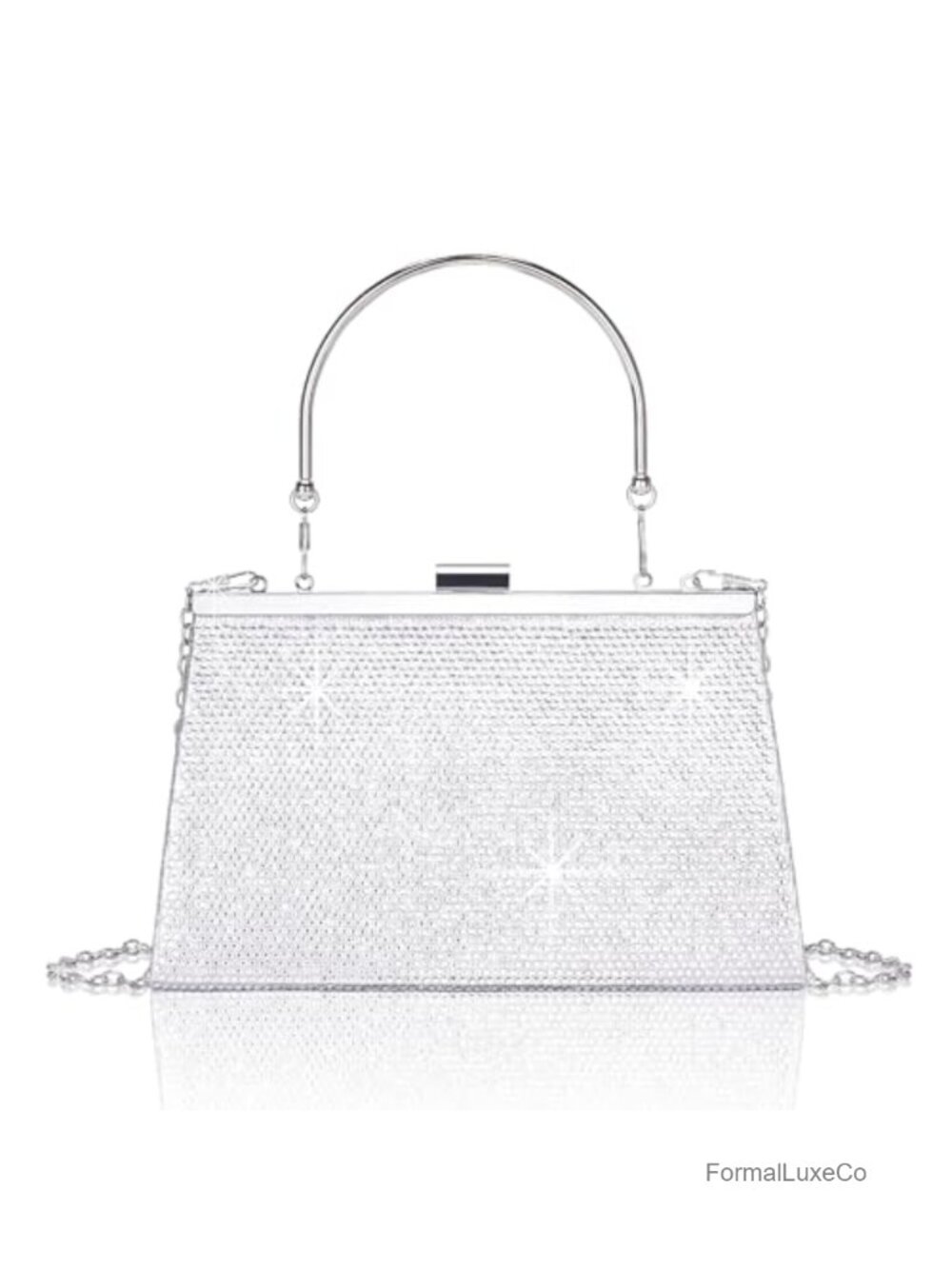 Rhinestone Evening Clutch Bag with Detachable Chain Sparkly Silver Purse Formal